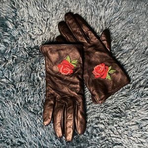 Rose Embroidered Leather Gloves